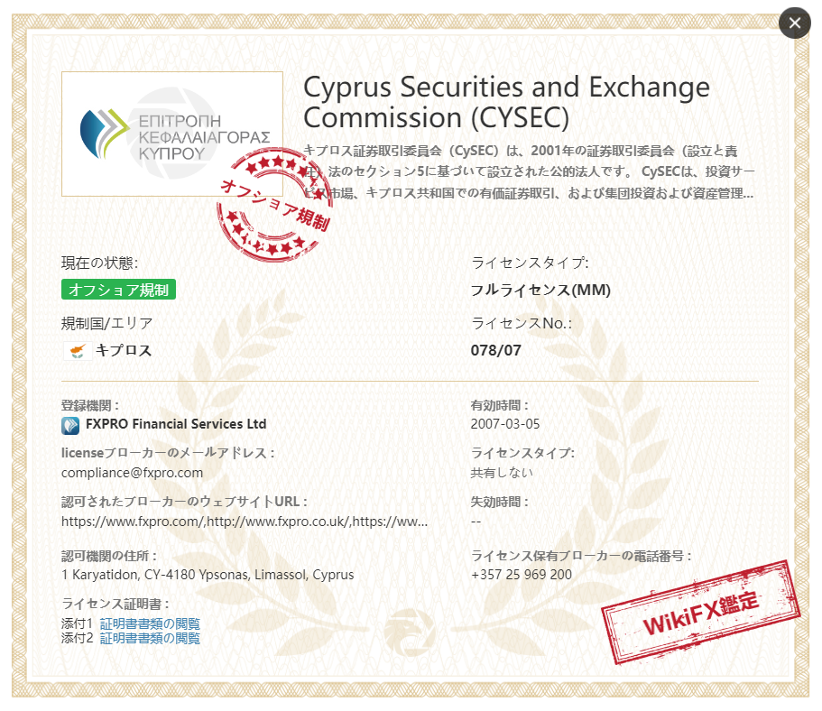 FXProの取得ライセンス1．キプロス証券取引委員会（CySEC）