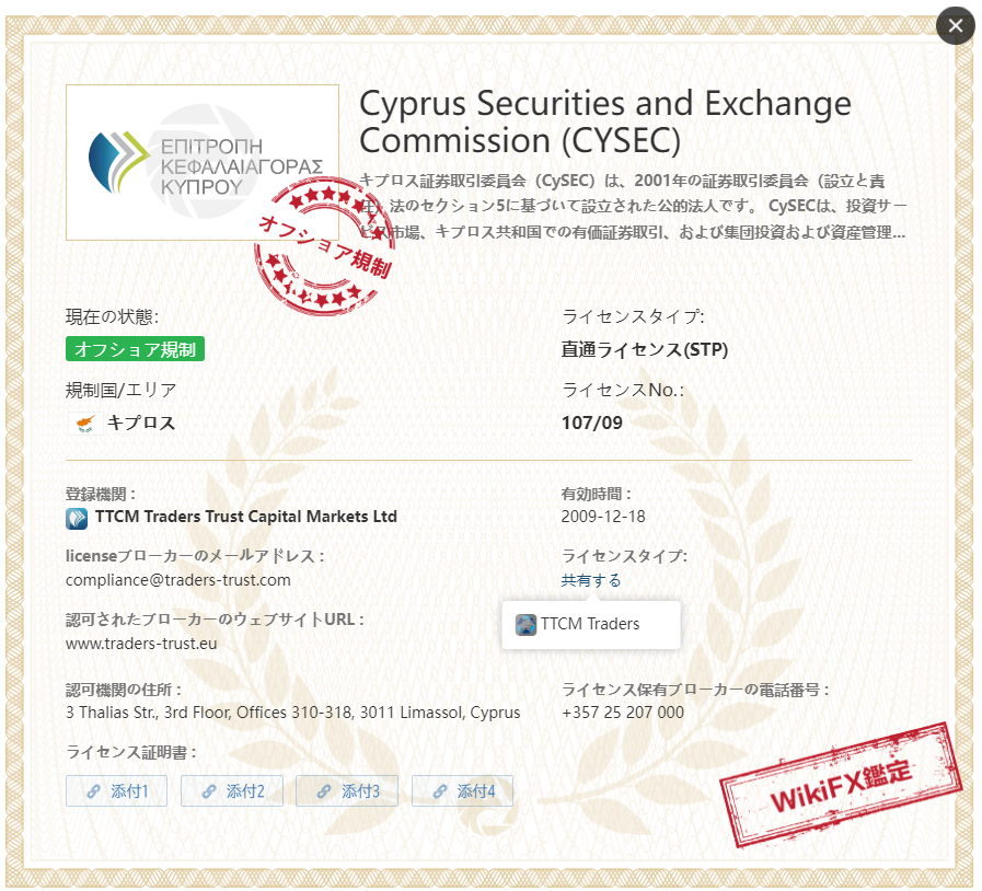 TradersTrustの取得ライセンス：キプロス証券取引委員会（CySEC）