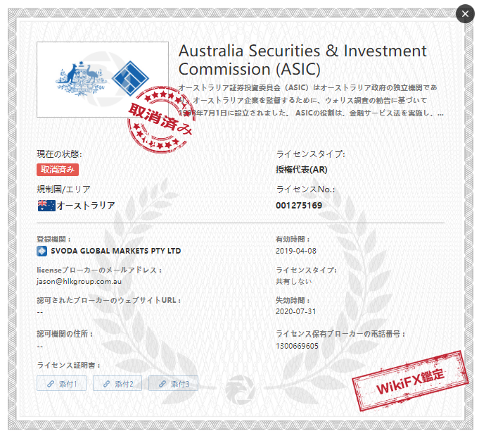 SvoFXが取得しているオーストラリア証券投資委員会（ASIC）